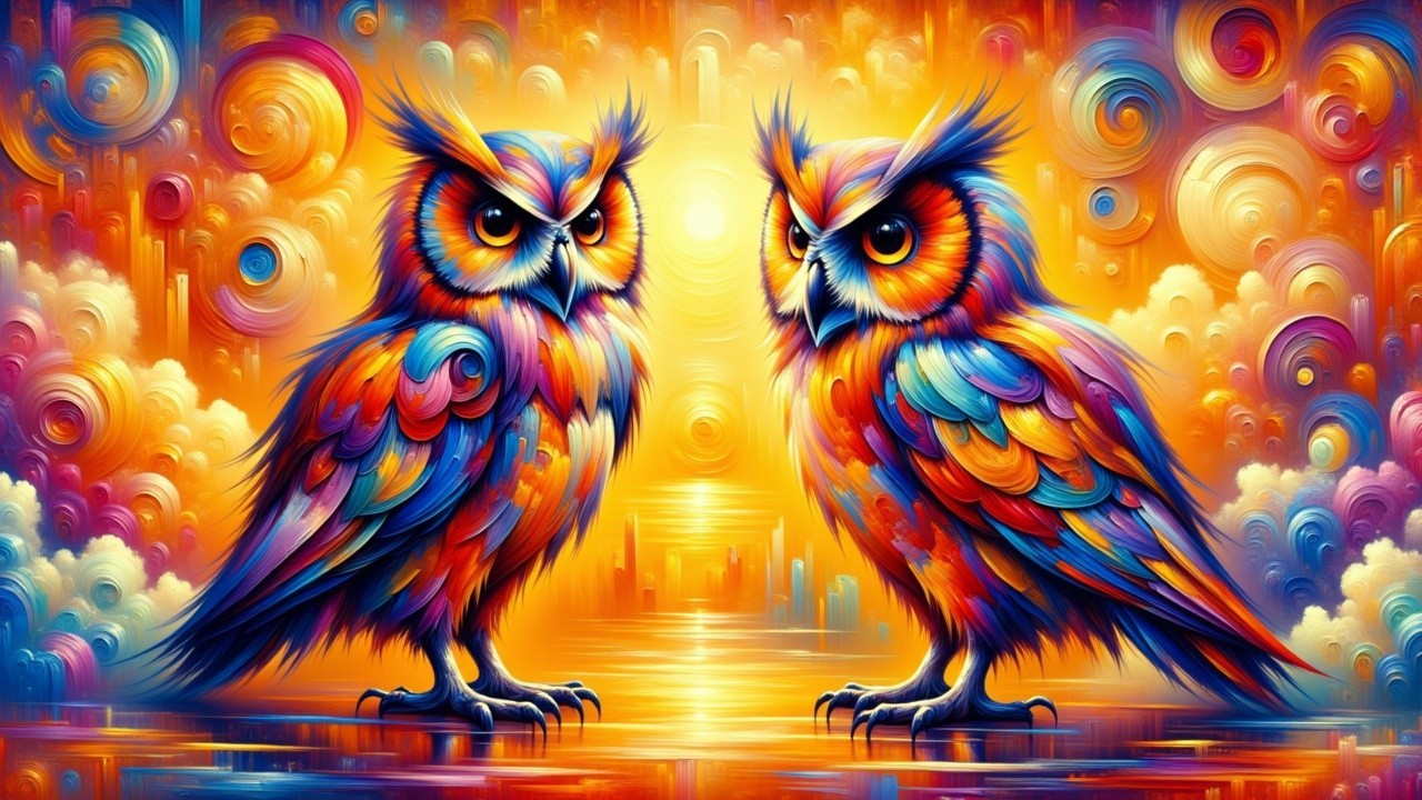 Vividly Colored Owls Against a Dreamy Background