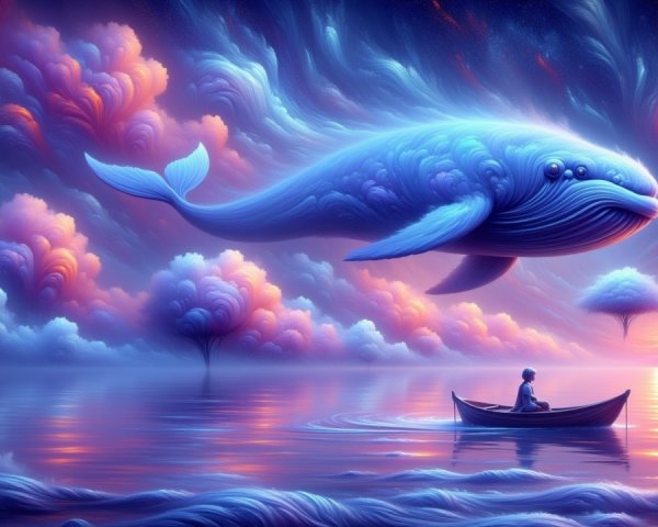 Serene Scene of a Boat and Ethereal Whale in Sky
