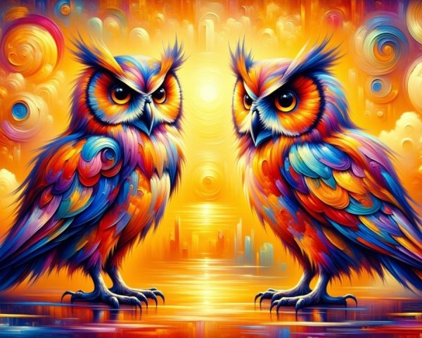 Vividly Colored Owls Against a Dreamy Background