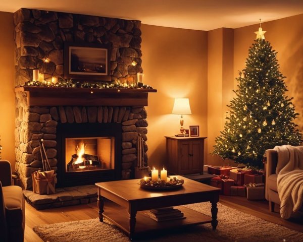 Cozy Holiday Living Room with Christmas Trees and Fire