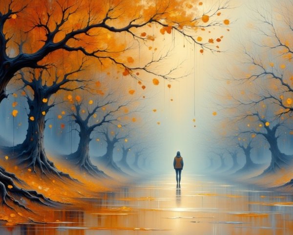 Serene Autumn Scene with Misty Path and Vibrant Trees