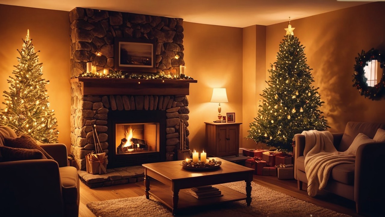 Cozy Holiday Living Room with Christmas Trees and Fire