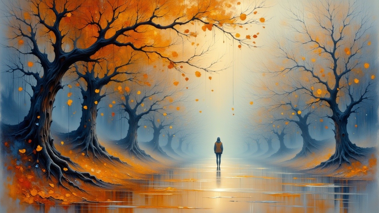 Serene Autumn Scene with Misty Path and Vibrant Trees