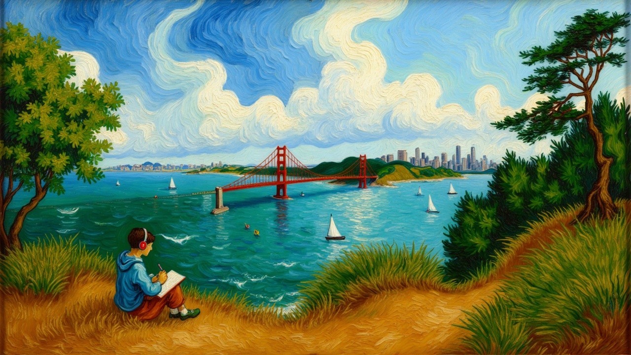 Serene Landscape with Sketching Figure and Golden Gate Bridge
