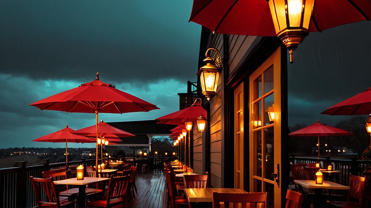 Outdoor Restaurant Seating with Wooden Furniture and Umbrellas