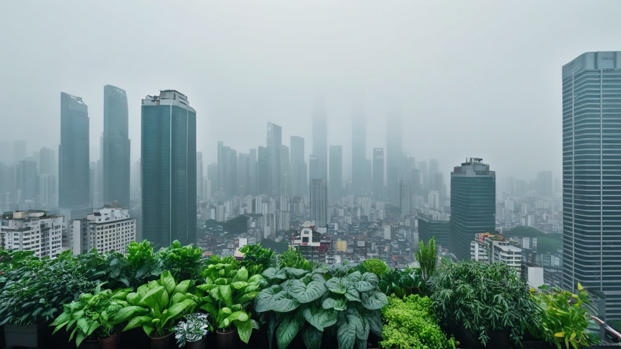 Modern city skyline with mist and rooftop garden