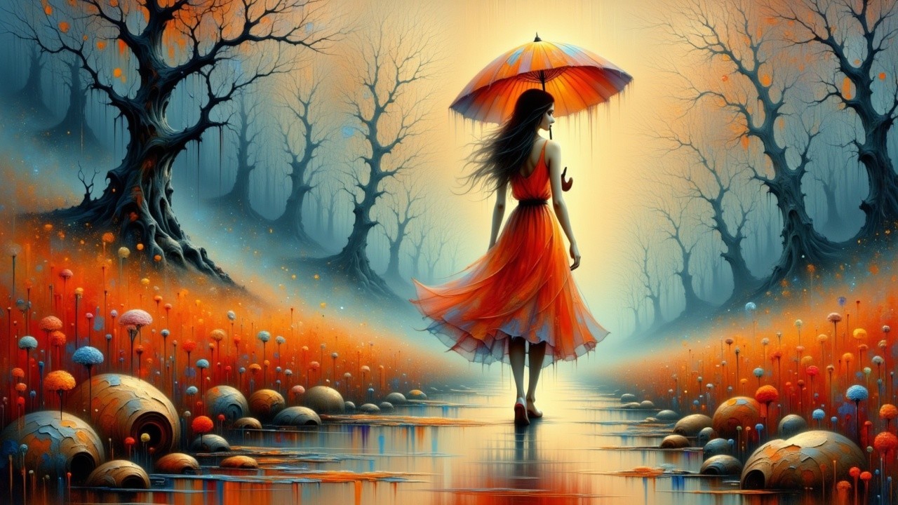 Serene landscape with woman in red dress and umbrella