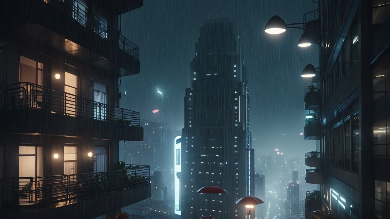 Rainy Night in a Bustling City with Skyscrapers