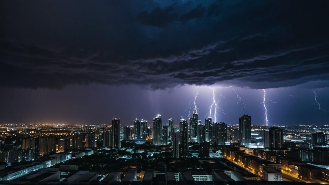 Dramatic City Skyline Under Lightning and Stormy Sky