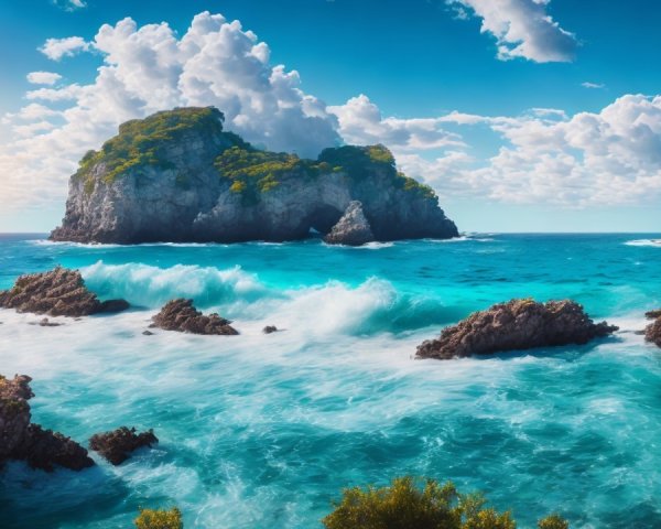 Coastal Scene with Turquoise Waters and Green Cliffs
