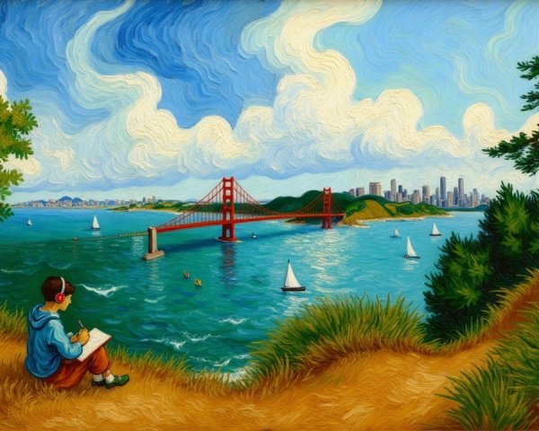Serene Landscape with Sketching Figure and Golden Gate Bridge