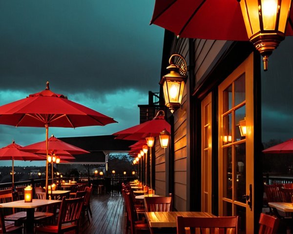 Outdoor Restaurant Seating with Wooden Furniture and Umbrellas