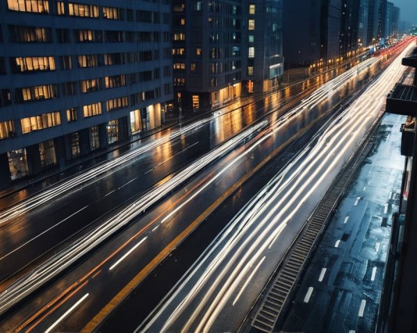 Rain-soaked cityscape at dusk with glowing lights