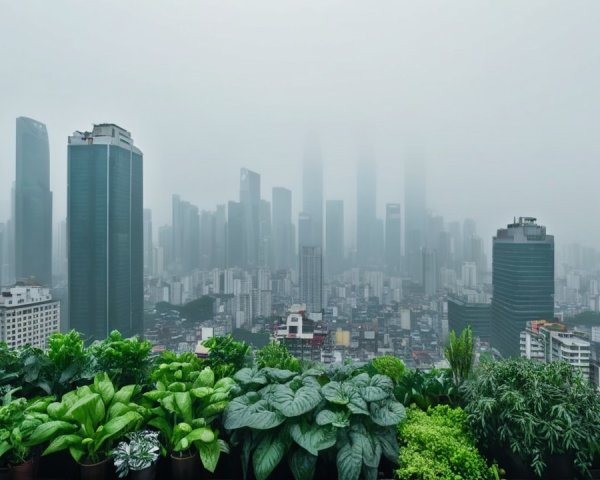 Modern city skyline with mist and rooftop garden
