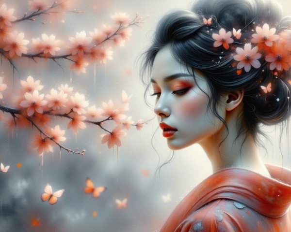 Serene Young Woman in Traditional Attire with Blossoms
