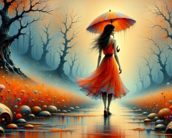 Serene landscape with woman in red dress and umbrella