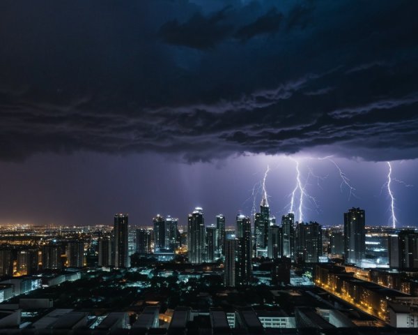 Dramatic City Skyline Under Lightning and Stormy Sky