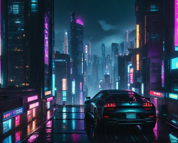 Futuristic cityscape with neon lights and rain