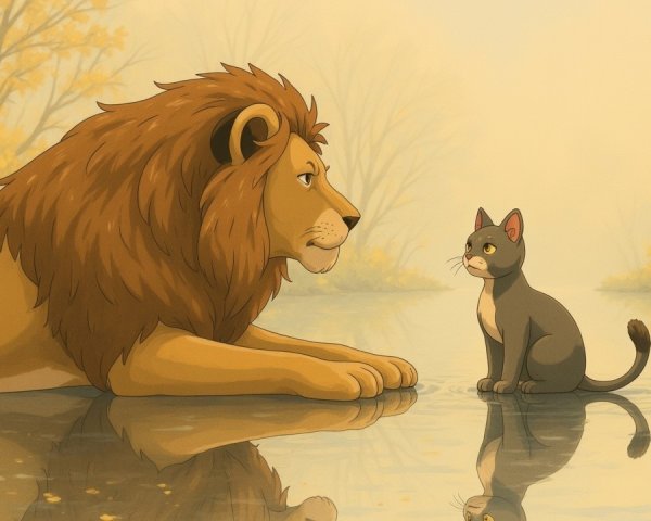 Lion and Cat by Tranquil Pond in Autumn Colors