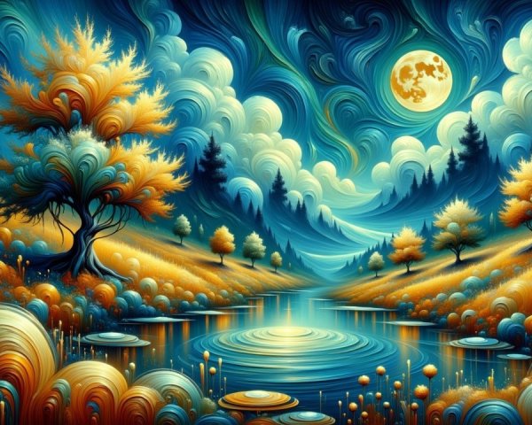 Vibrant Landscape with Blue and Gold Clouds and Moon