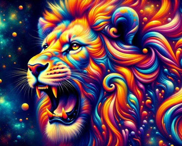 Psychedelic Lion with Cosmic Background and Colors