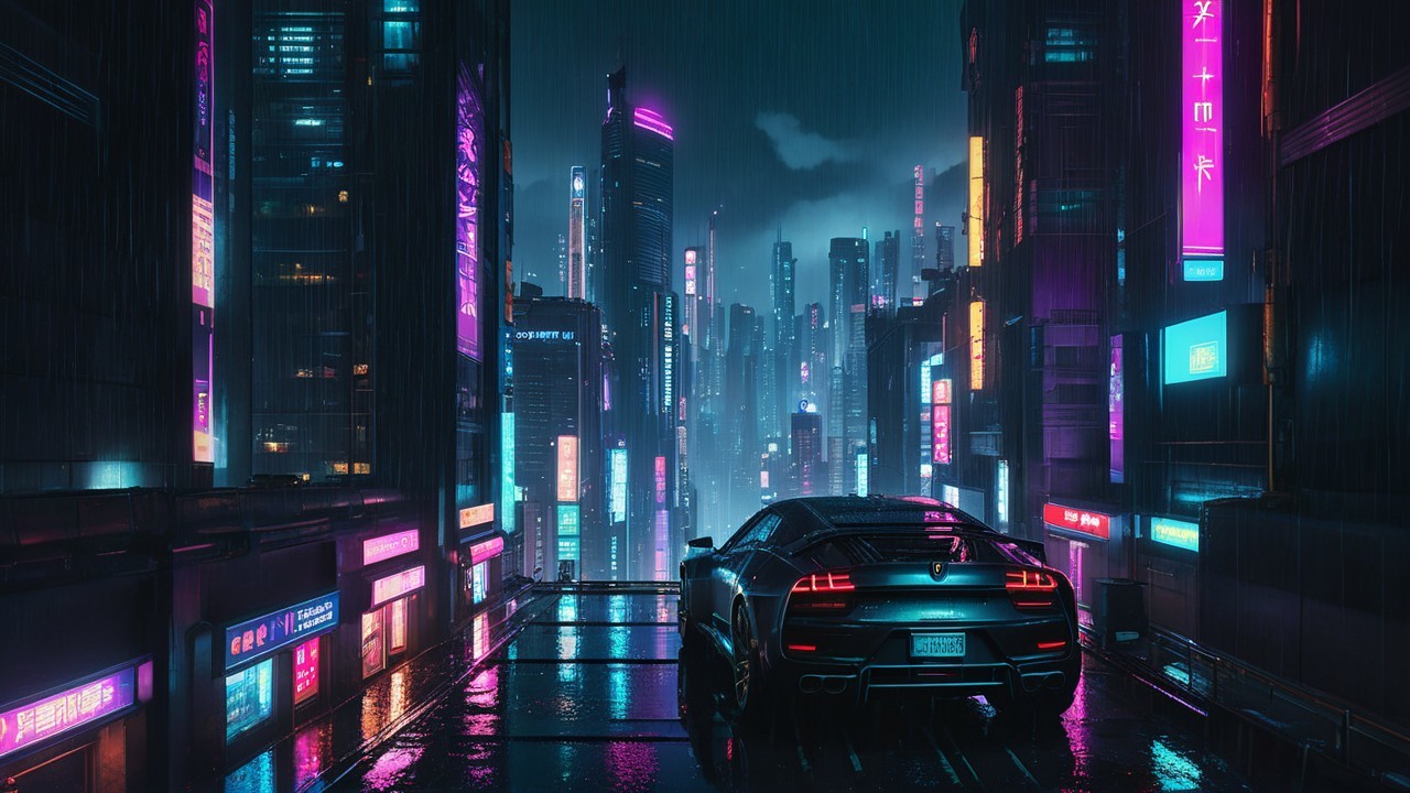 Futuristic cityscape with neon lights and rain