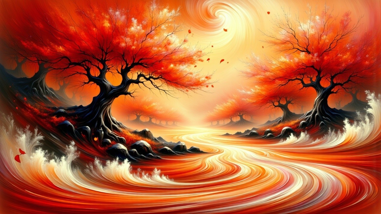 Vibrant Autumn Landscape with River and Fiery Trees