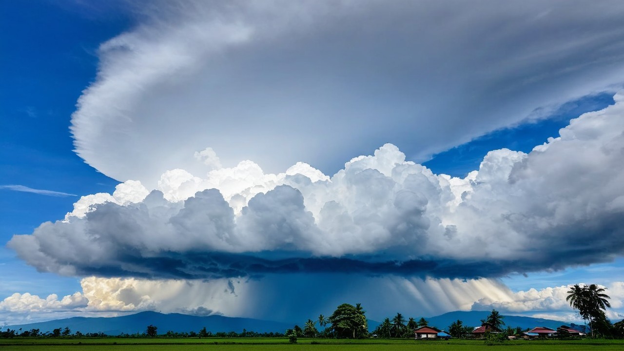 Dramatic Cloud Formation with Rain and Blue Sky