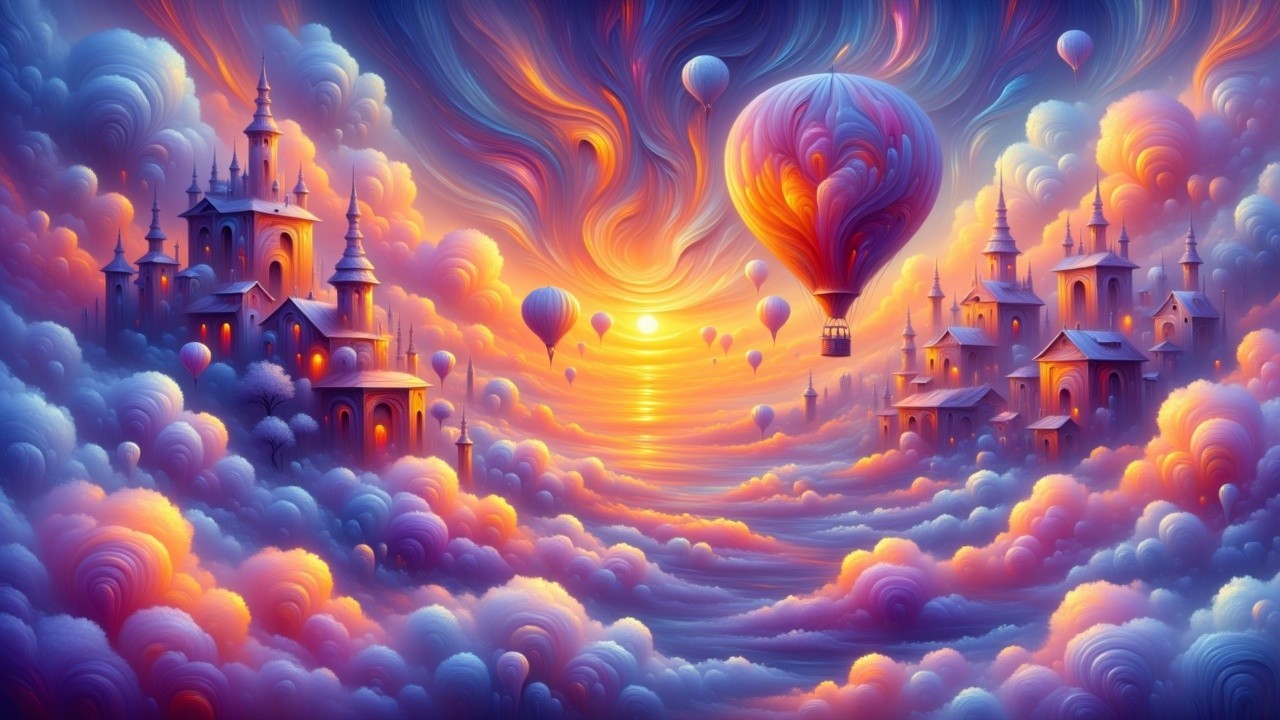 Surreal Landscape with Colorful Hot Air Balloons