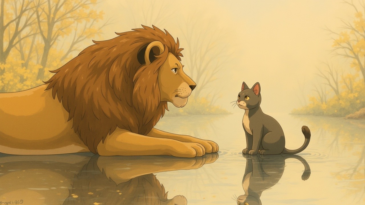 Lion and Cat by Tranquil Pond in Autumn Colors