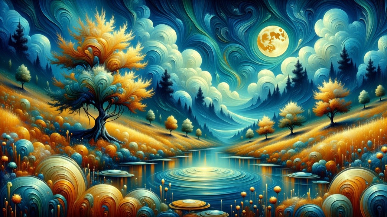 Vibrant Landscape with Blue and Gold Clouds and Moon