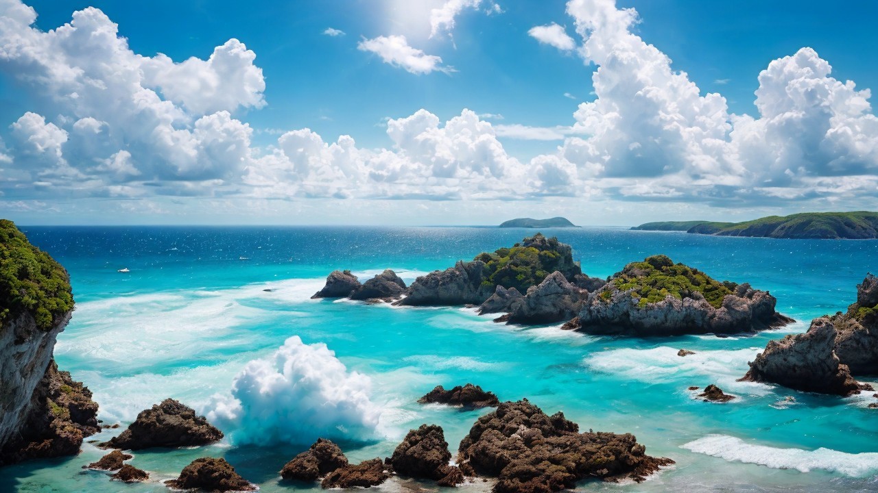 Coastal Scene with Turquoise Waters and Green Cliffs