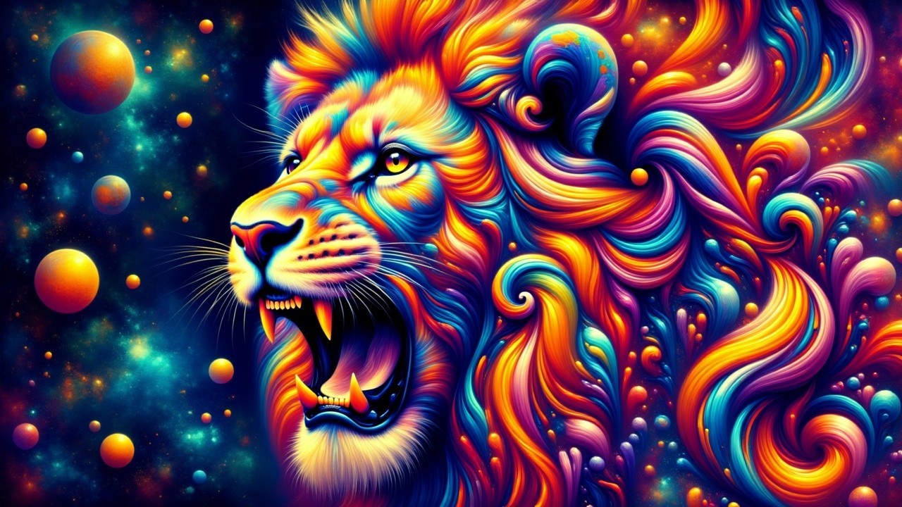 Psychedelic Lion with Cosmic Background and Colors