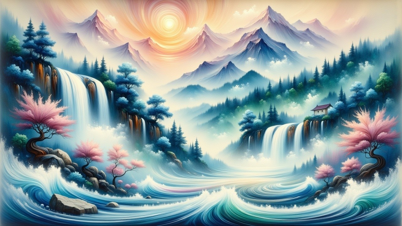 Serene Landscape with Mountains, Waterfalls, and Trees