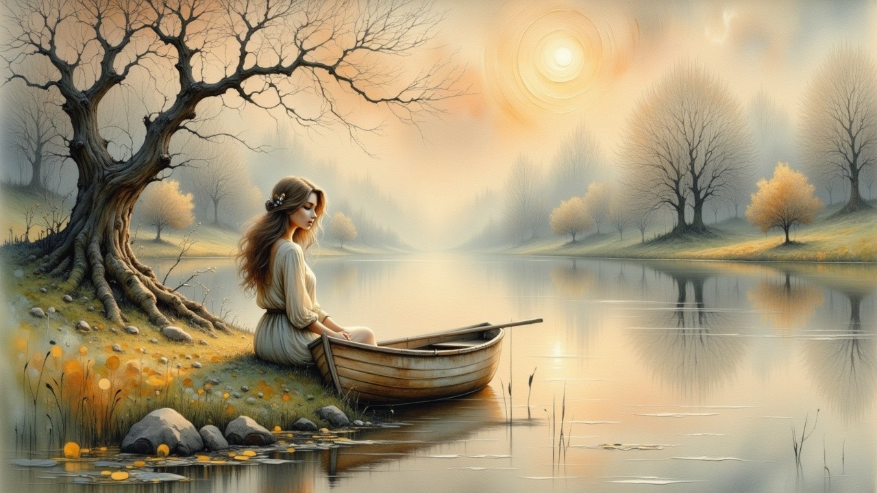 Young Woman in Boat on Calm River with Autumn Foliage