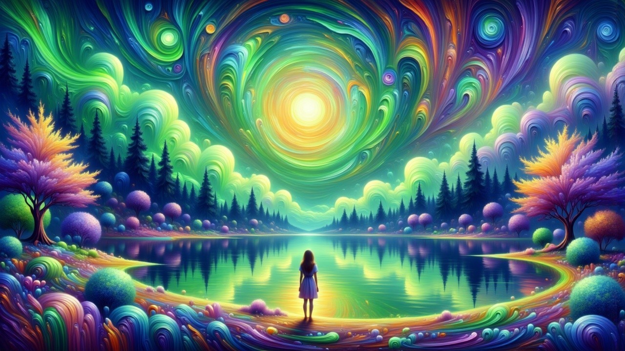 Vibrant Landscape with Calm Lake and Colorful Sky