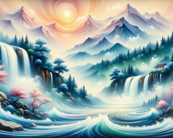 Serene Landscape with Mountains, Waterfalls, and Trees
