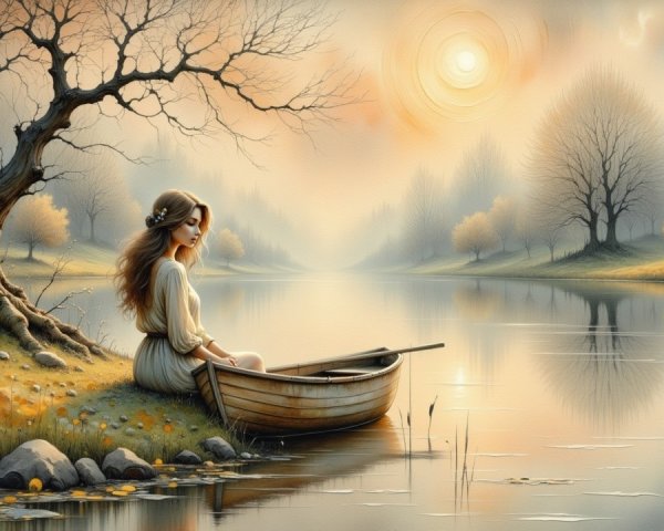 Young Woman in Boat on Calm River with Autumn Foliage