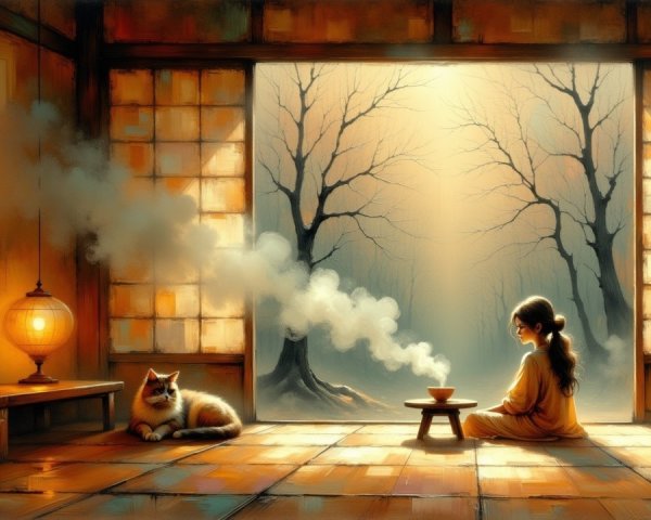 Cozy Room with a Thoughtful Woman and Cat