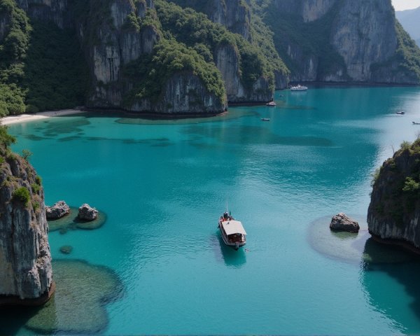 Aerial View of a Tranquil Bay with Limestone Cliffs