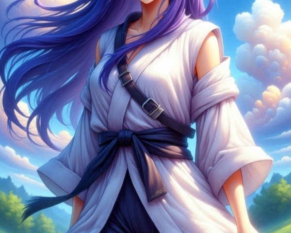 Stylized character in vibrant landscape with purple hair