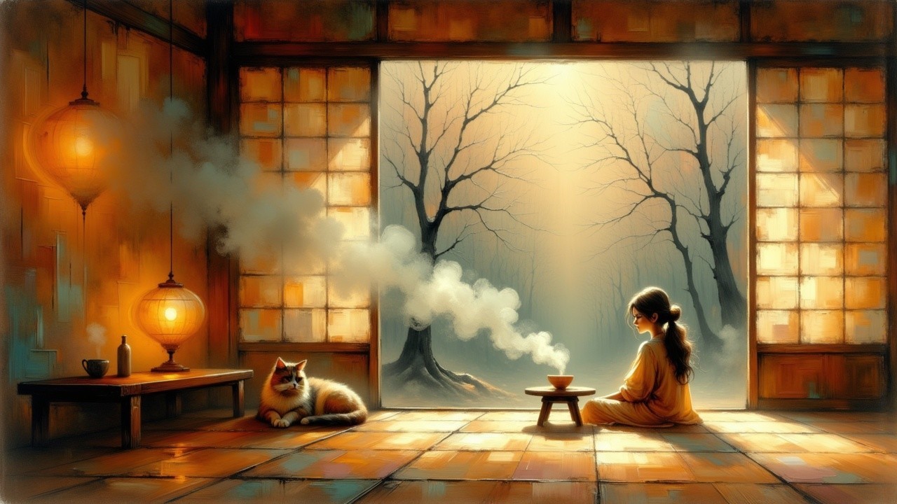 Cozy Room with a Thoughtful Woman and Cat