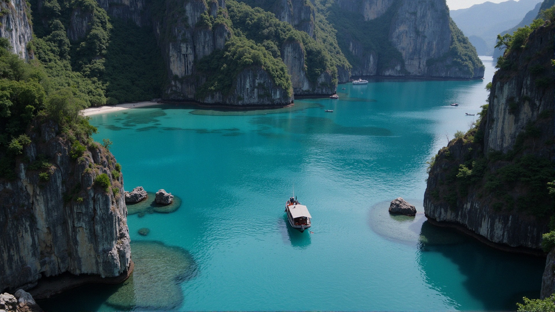 Aerial View of a Tranquil Bay with Limestone Cliffs