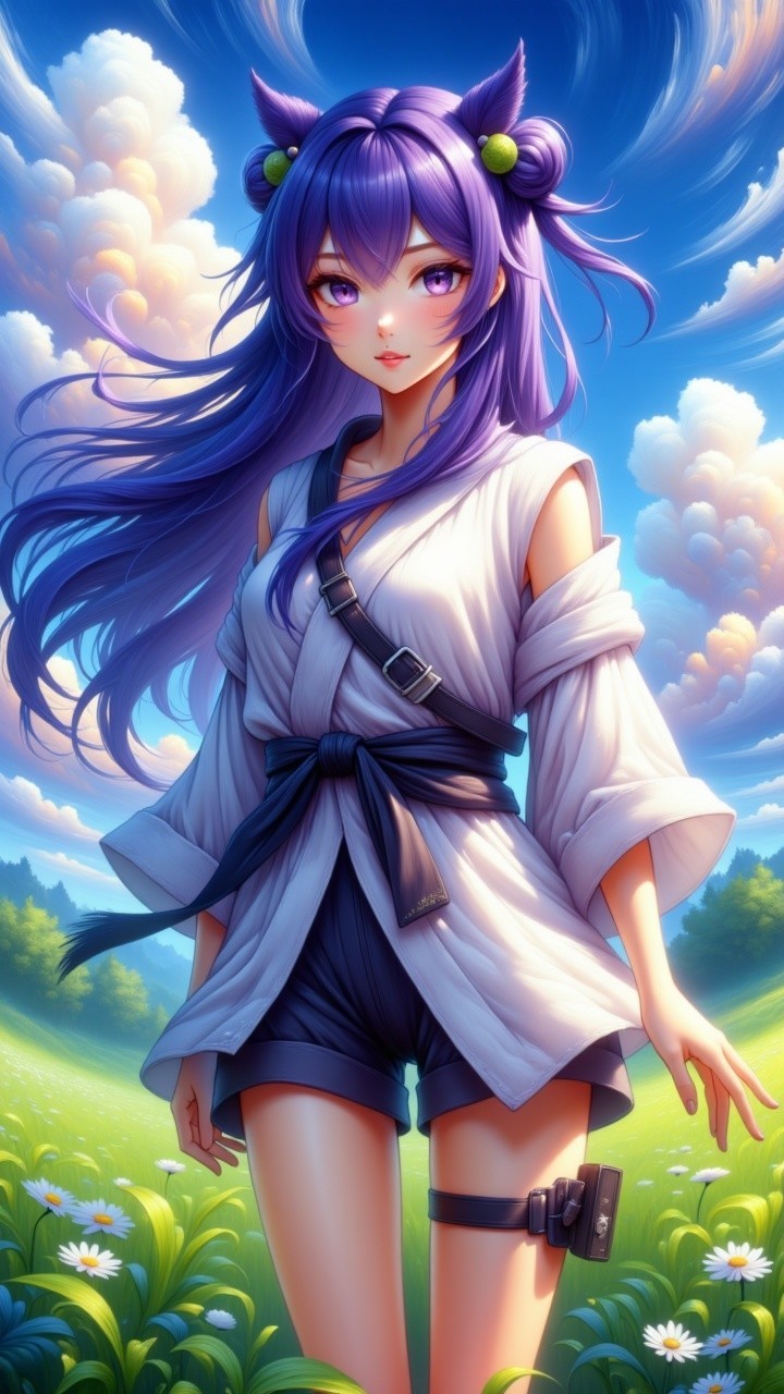Stylized character in vibrant landscape with purple hair