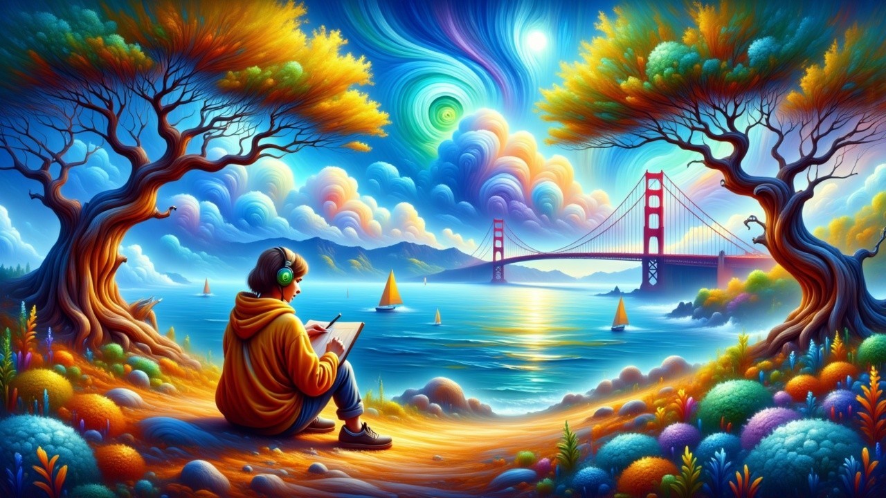 Surreal Landscape with Writing Under Colorful Trees