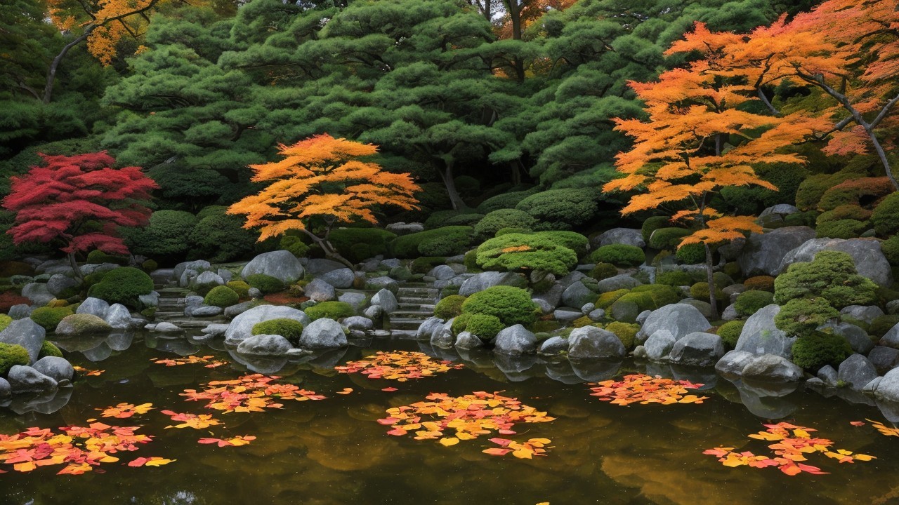 Tranquil Pond Surrounded by Autumn Foliage and Greenery