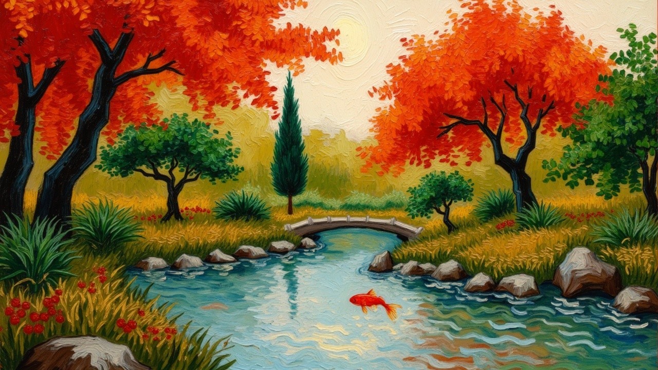 Serene River Surrounded by Autumn Foliage and Bridge