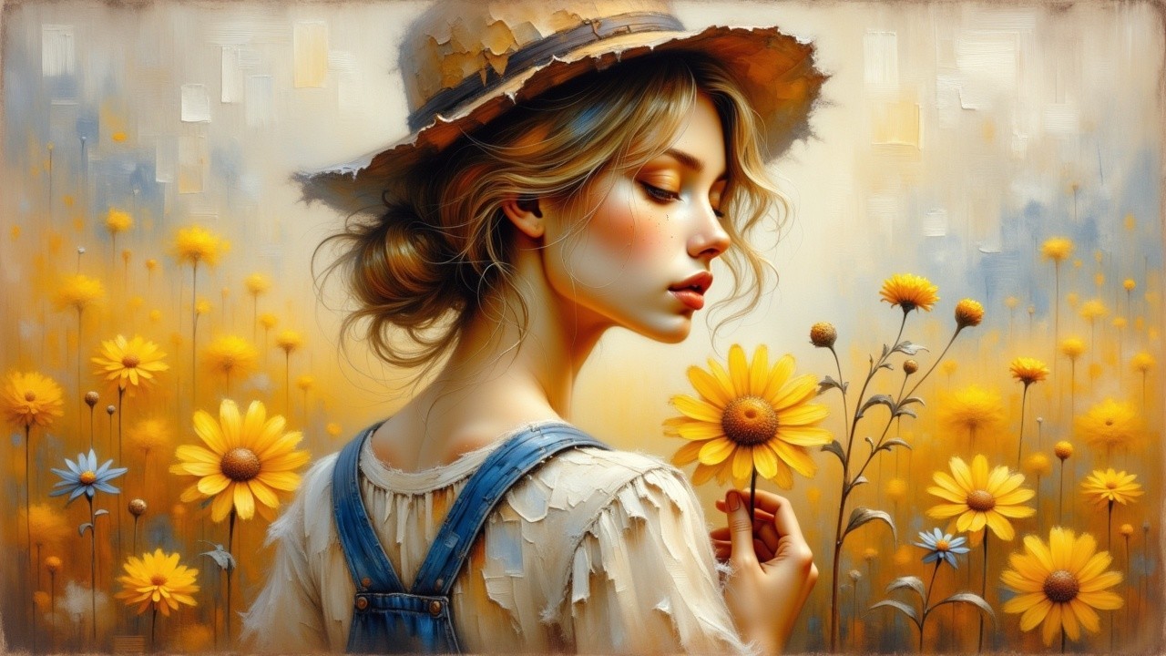 Young Woman in Field of Yellow Daisies and Straw Hat