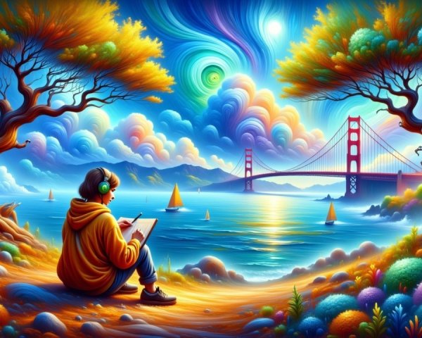 Surreal Landscape with Writing Under Colorful Trees