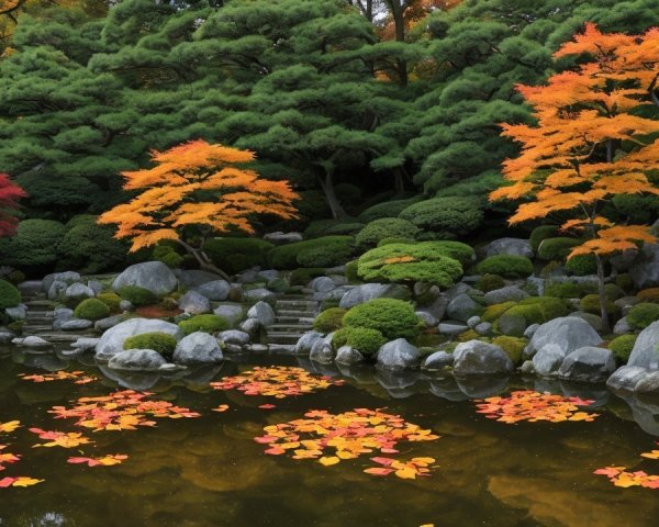 Tranquil Pond Surrounded by Autumn Foliage and Greenery